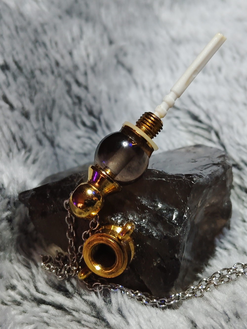 SMOKY QUARTZ PERFUME/ASHES, PENDANT. NECKLACE  GOLD ACCENT, 30" STERLING CHAIN